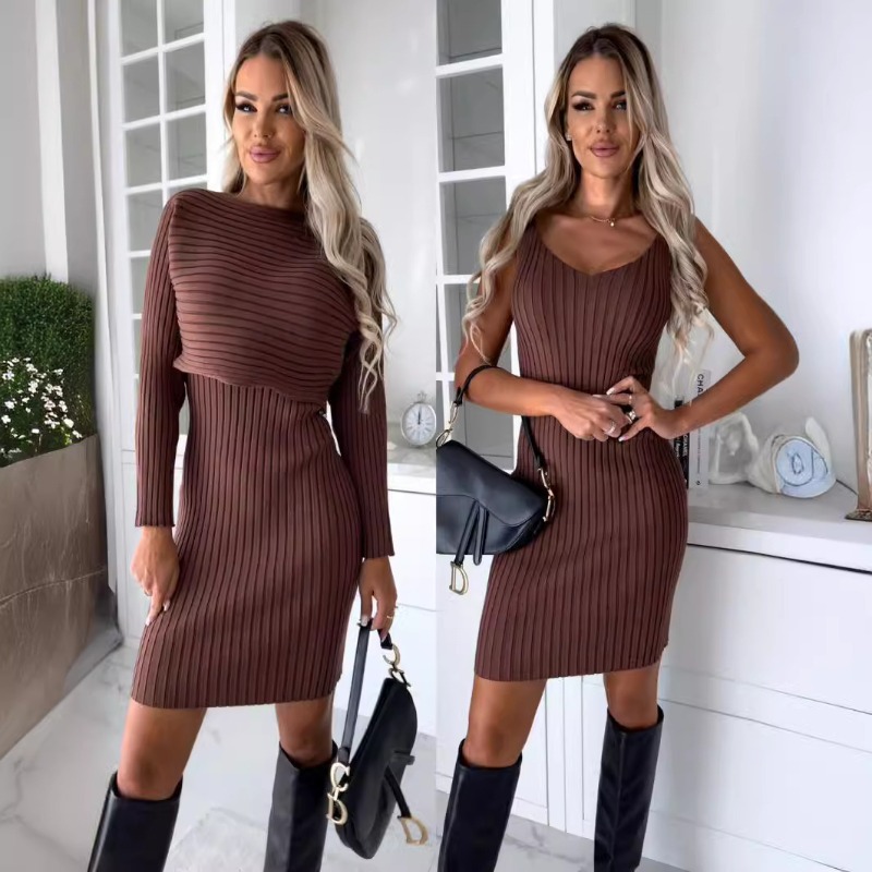 Herfst Nieuwe Chique Sexy 2-de - Bodycon Long Sleeve Ribbed Dress recensie en prijs