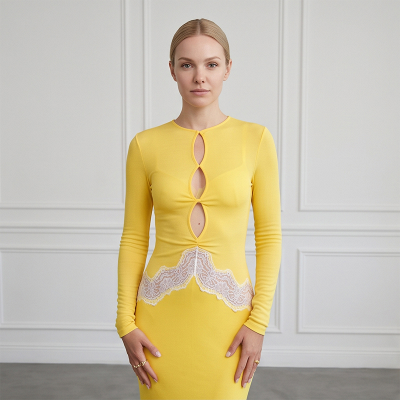 Dames Geel Kant Uitgesneden Ma - Bodycon Long Sleeve Ribbed Dress recensie en prijs
