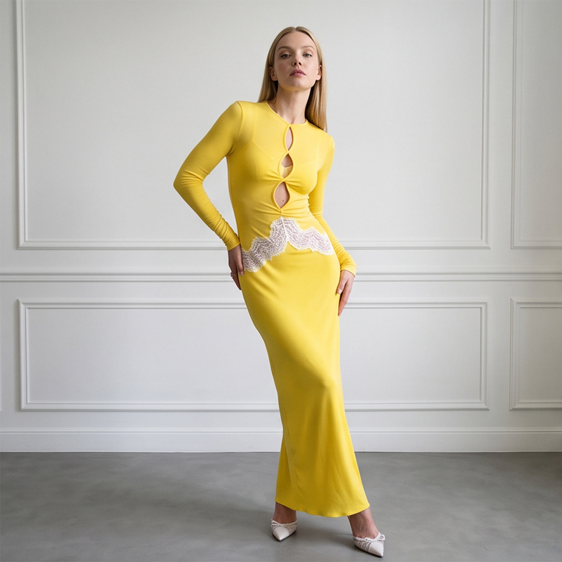Dames Geel Kant Uitgesneden Ma - Bodycon Long Sleeve Ribbed Dress recensie en prijs