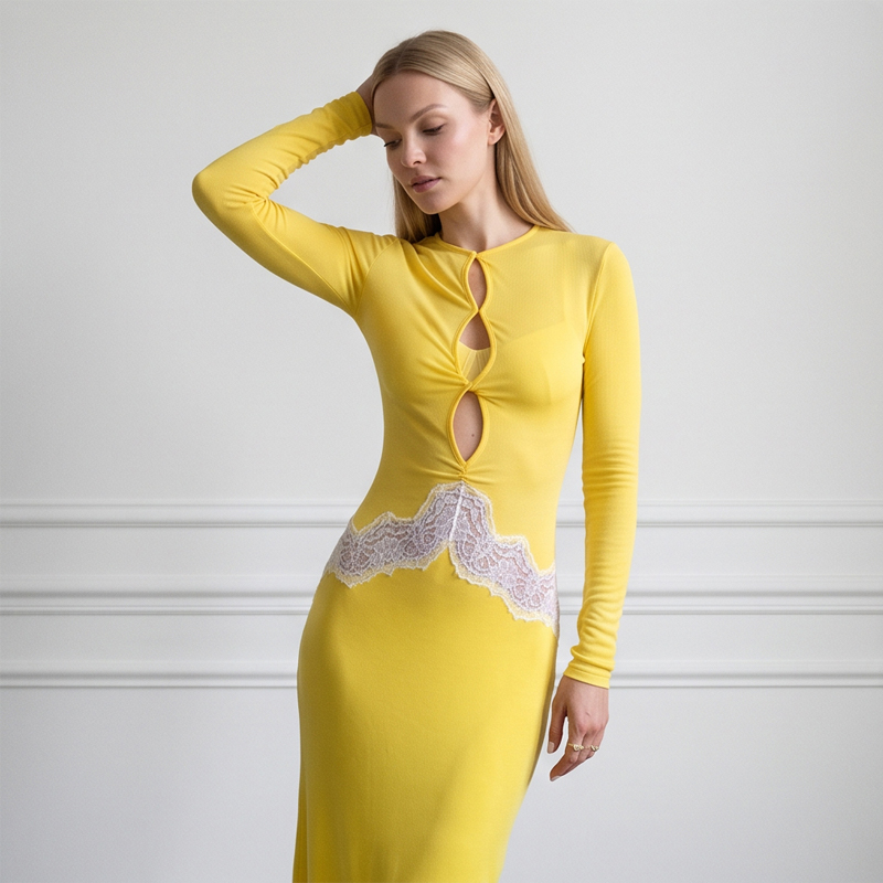 Dames Geel Kant Uitgesneden Ma - Bodycon Long Sleeve Ribbed Dress recensie en prijs