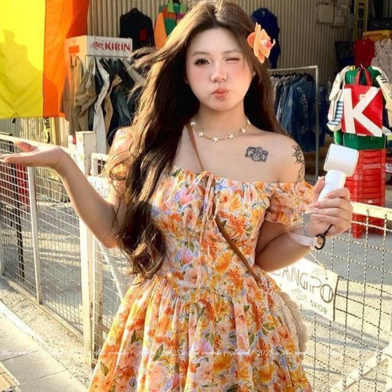 Dames oranje bloemenprint off- - Off Shoulder Puff Sleeve Sundress recensie en prijs