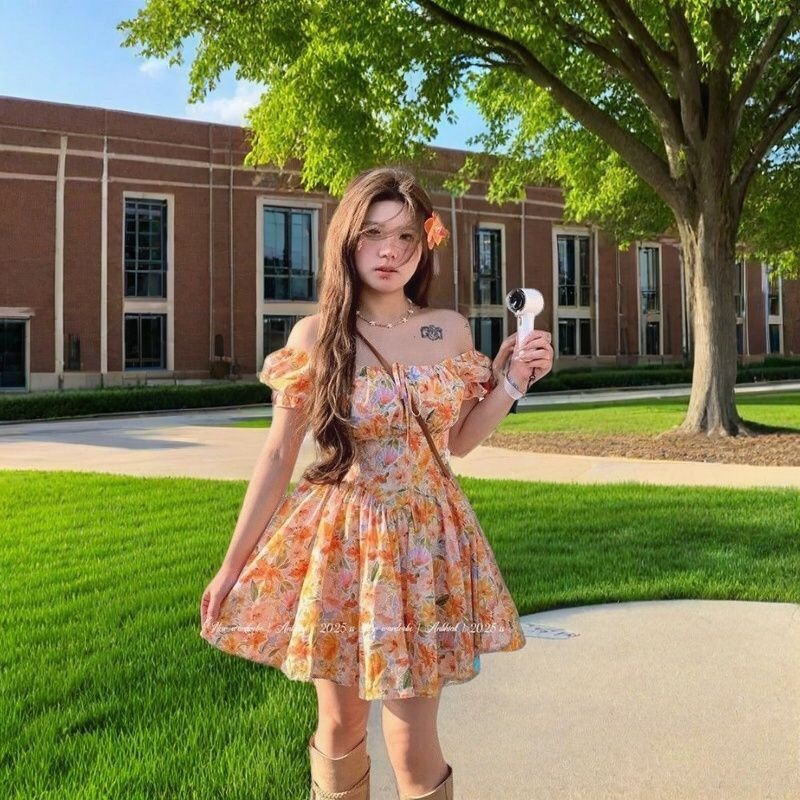 Dames oranje bloemenprint off- - Off Shoulder Puff Sleeve Sundress recensie en prijs