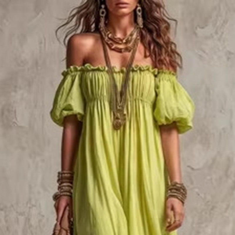 Dames elastische taille casual - Off Shoulder Puff Sleeve Sundress recensie en prijs