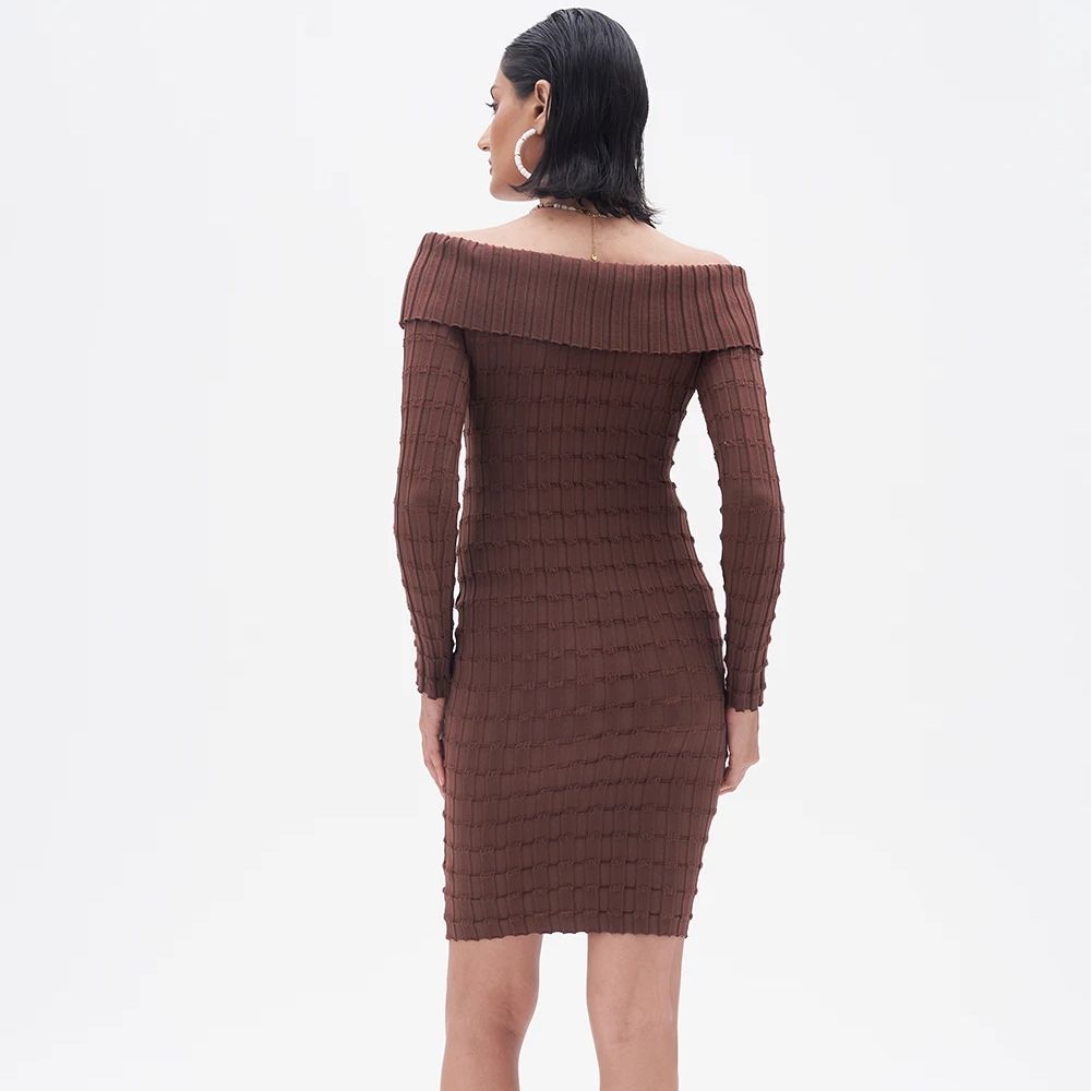 2025 Sexy Ruches Slash Schoude - Bodycon Long Sleeve Ribbed Dress recensie en prijs