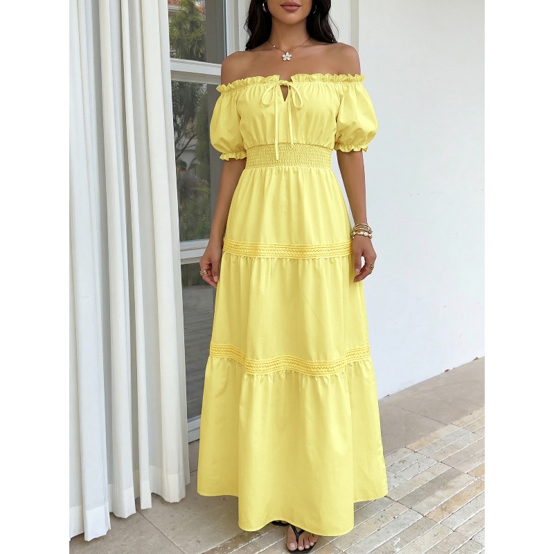 Zomer Boheemse dames gele off- - Off Shoulder Puff Sleeve Sundress recensie en prijs