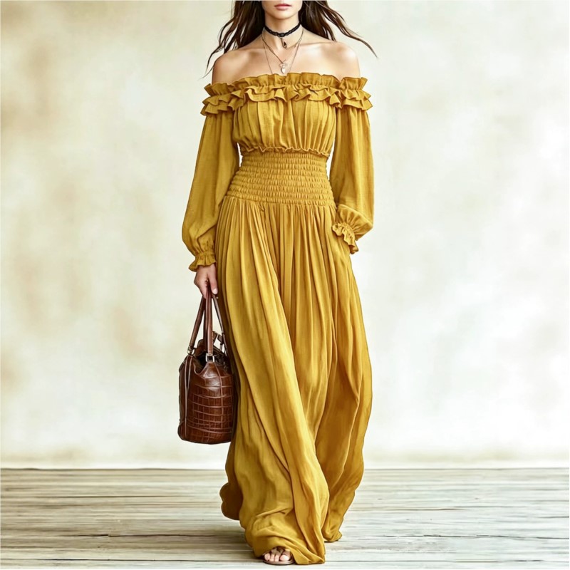 Off-shoulder maxi jurken voor  - Off Shoulder Puff Sleeve Sundress recensie en prijs