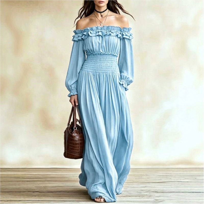Off-shoulder maxi jurken voor  - Off Shoulder Puff Sleeve Sundress recensie en prijs