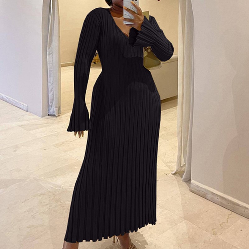 Vrouw herfst v-hals gebreide r - Bodycon Long Sleeve Ribbed Dress recensie en prijs