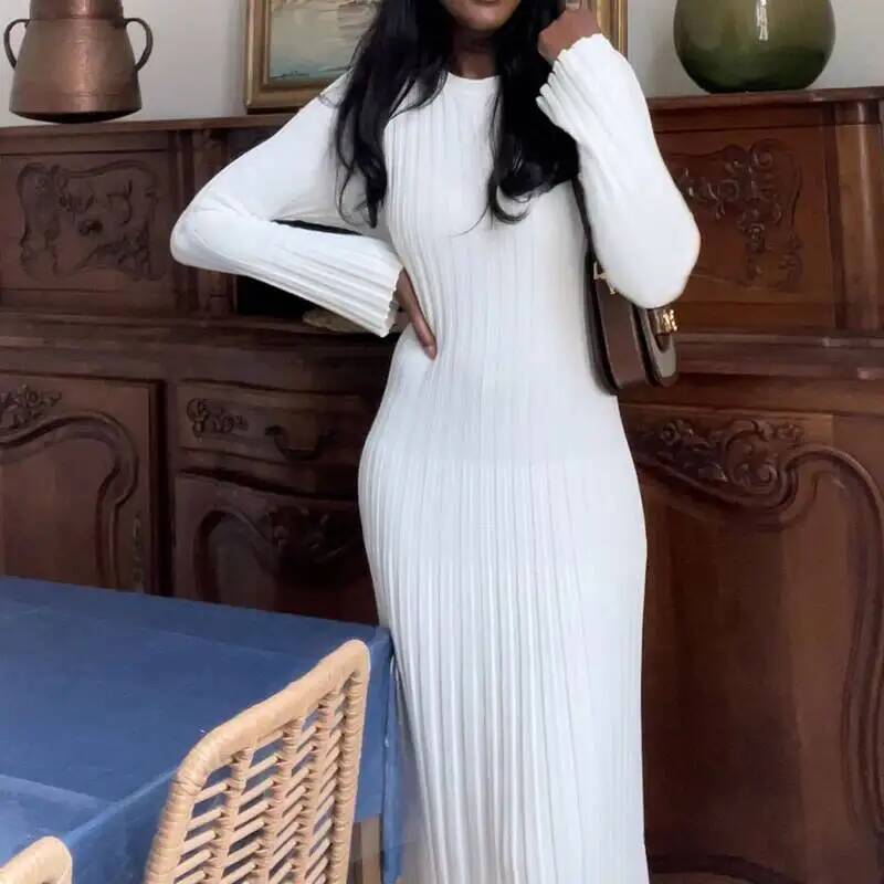 Vrouwen elegante geribbelde ge - Bodycon Long Sleeve Ribbed Dress recensie en prijs
